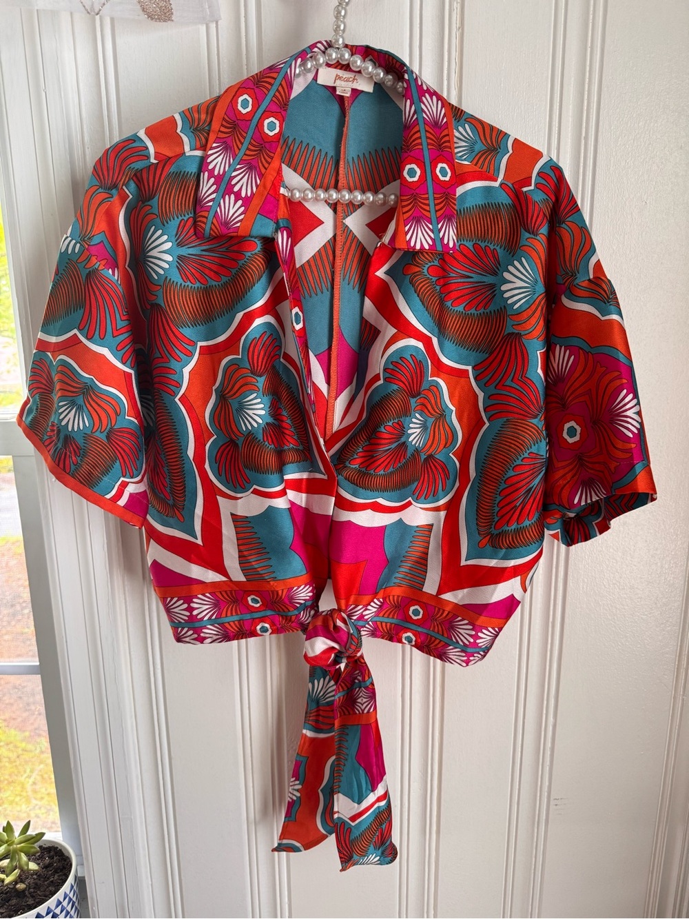 Tie-Front Floral Blouse in Red and Teal